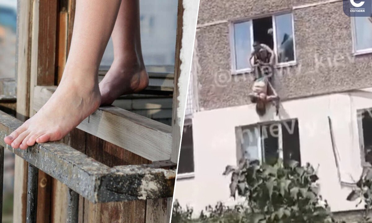 В Киеве женщина выпрыгнула с окна: её успели поймать. ВИДЕО