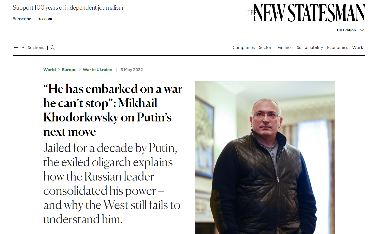 «Він розпочав війну, яку не може зупинити»: Михайло Ходорковський про наступний крок Путіна - The New Statesman